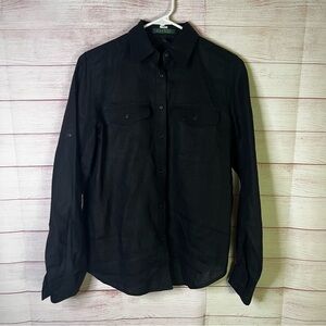 Lauren Ralph Lauren Black 100% Linen Button Down Long Sleeve Shirt Size Small